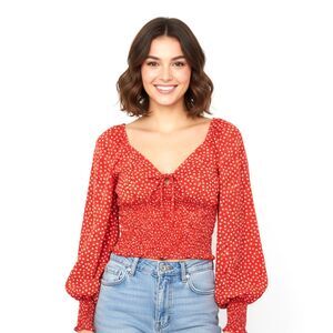Sienna Sky Womens S Red Puff Sleeve Floral Cinch Bust Cropped Blouse